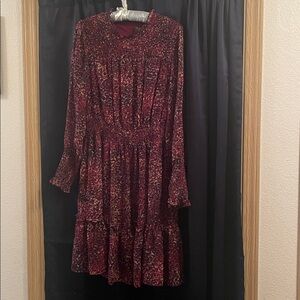 TAYLOR Long Sleeve Smocked Chiffon Fall Dress Burgundy Red Ruffle Hem
